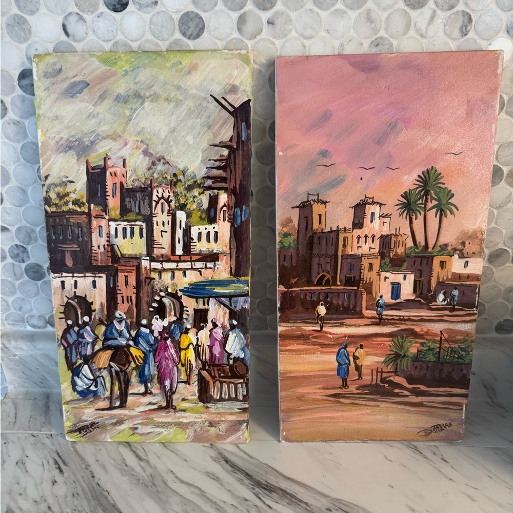 Moroccan Village Street Paintings – Handmade Canvas Wall Art Set (2 Pieces)